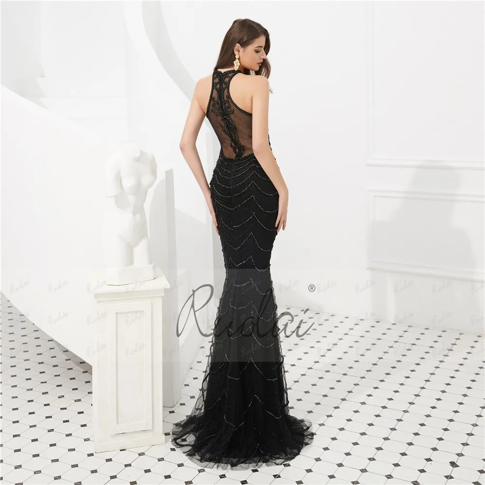 Черное вечернее платье 2019 роскошное бисерное вечернее платье с бретелькой через шею Русалка платье для выпускного вечера длинное вечернее