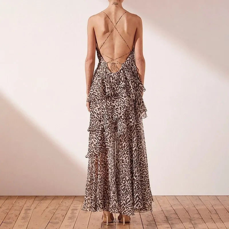 [MENKAY] леопардовое Сексуальное Женское пляжное платье без рукавов юбка с оборками с завышенной талией боковые длинные платья с разрезом Женская мода лето