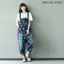 Women Drop Crotch Jean Rompers Wide Leg Bib Denim Overalls Plus Size Cartoon Print Strap Denim Jumpsuits Women Drop Crotch Jean Rompers Wide Leg Bib Denim Overalls Plus Size Cartoon Print Strap Denim Jumpsuits
