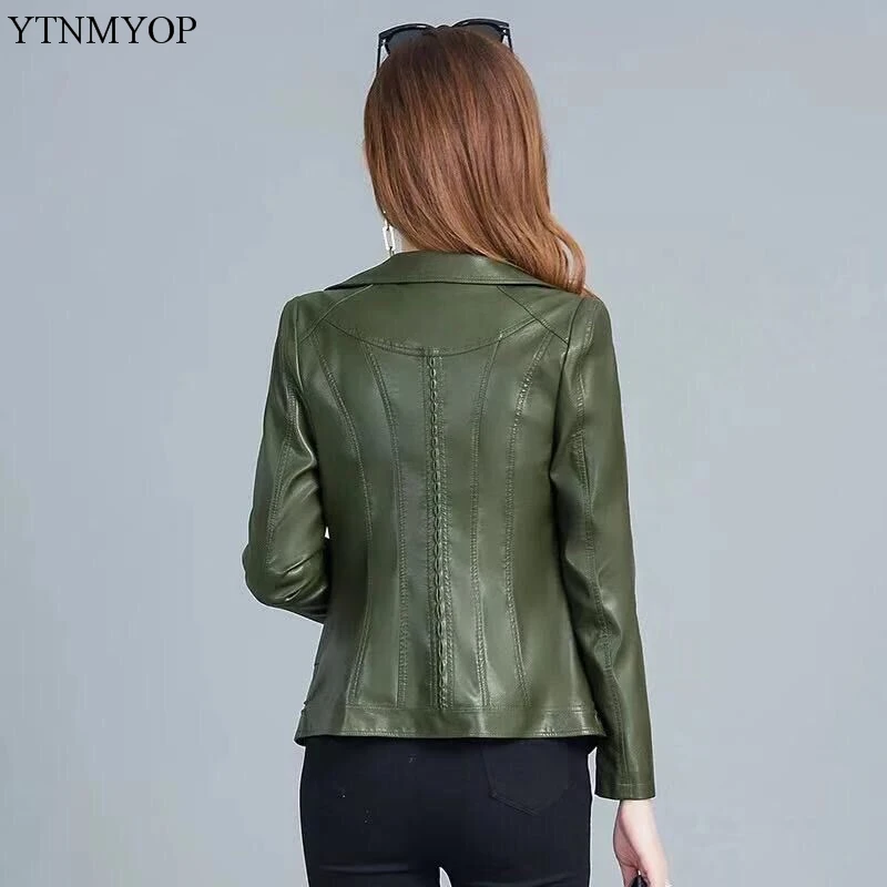 Женская кожаная куртка YTNMYOP Повседневная Верхняя одежда армейского зеленого