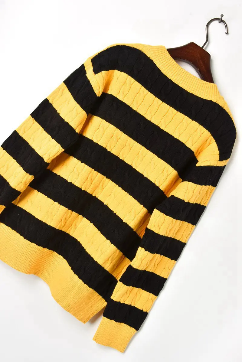 Joydu Cute Pig Embroidery Yellow Black Stripes Casual Sweater