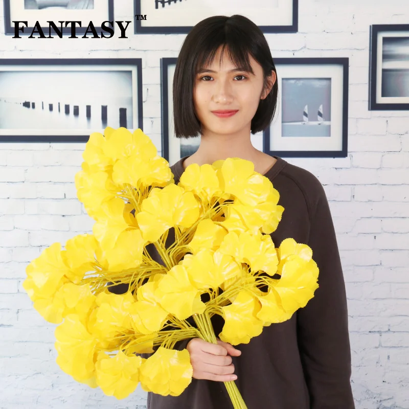

12pcs 5Fork Silk Ginkgo Fake Tree Branches Artificial Leaves Bouquet Real Touch Plant Hanging Yellow Leaf For Street Party Decor