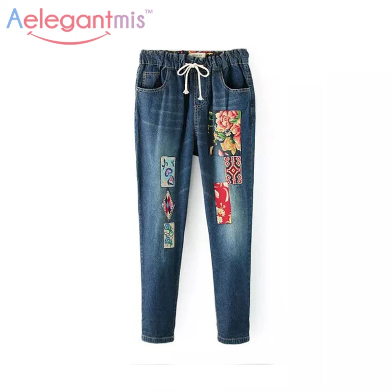 

Aelegantmis Flower Embroidery Jeans Women Casual Patchwork Denim Pants Female 2017 Spring Pockets Straight Jeans Plus Size 3XL