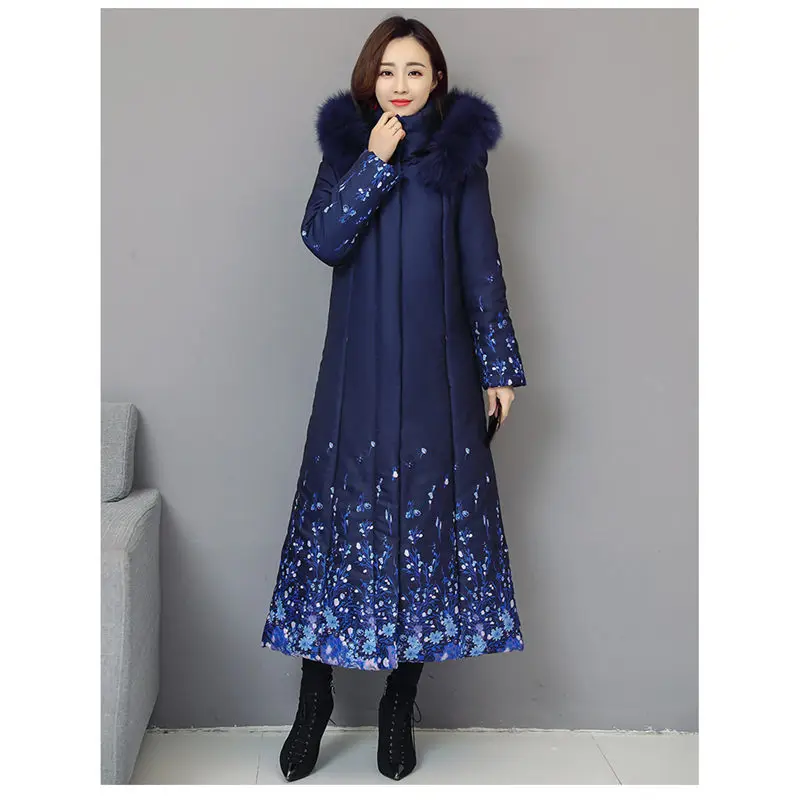 Big Fur Collar Blue Down Jacket Winter Fashion Stitching Print Hooded Coat Temperament Slim Thicken Warm Cotton Outerwears f1325