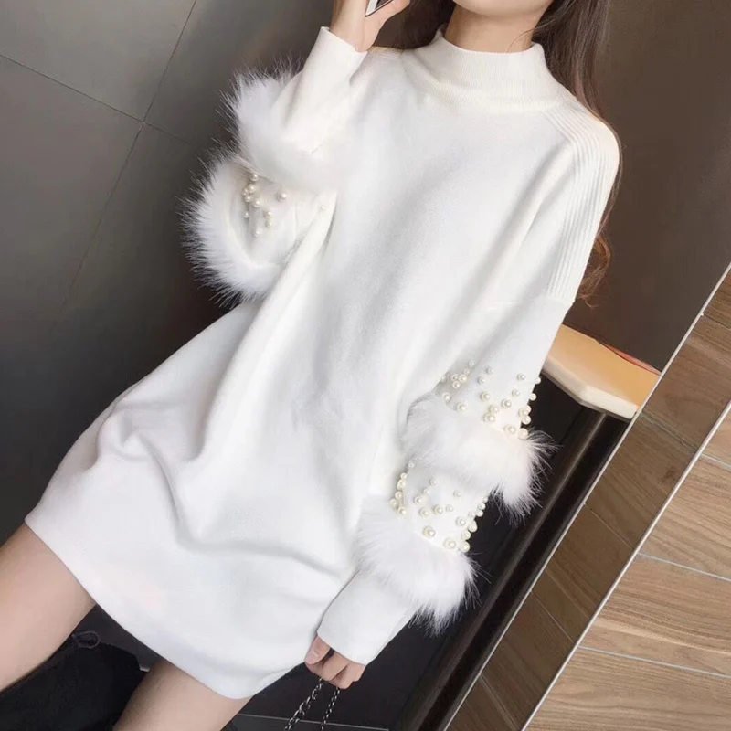 

Turtleneck Long Wome's Sweaters Faux Fur Pearls Loose Casual Lady Pullovers Tops 2019 Autumn Winter Female Knitted Sweater Dress