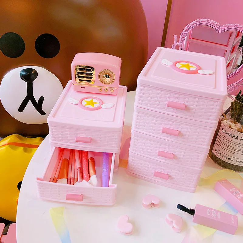 Pink Cartoon Girl Cosmetic Storage Box Dressing Table Desktop Jewelry Lipstick Makeup Organizer Drawer Sundries Container