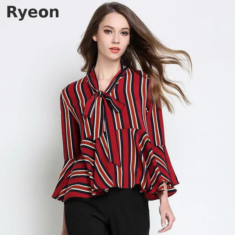 Ryeon 5xl Plus Size Women Chiffon Blouses Striped Printing Regular Full Bow Neck Fashion Ruffle Blouse Blusa Mujer Blusas |