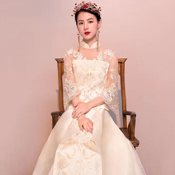 

Female Marriage Dress Suit Chinese Style Ancient Cheongsam Embroidery Sequins Qipao Vintage Hanfu Clothing Sexy Lace Vestidos
