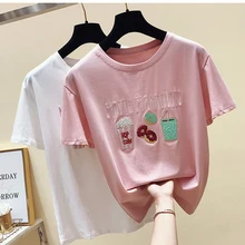 shintimes Sequined T Shirt Women Letter Tshirt Cotton 2019 Summer Short Sleeve Embroidery Womens Tee Shirts Female T-Shirt Femme letter embroidery t shirt