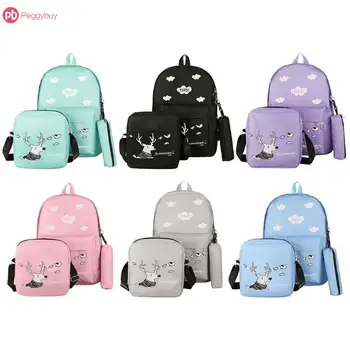 

3pcs/Set Multifuctional Cute Cartoon Deer Print Women Backpacks Pencil Box Included New Canvas School Girls Big Capacity