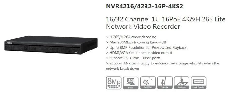 Оригинал Dahua 32CH NVR 1U 16PoE 4 K H.265 Lite Сетевой Видео Регистраторы NVR4232-16P-4KS2 8MP Разрешение