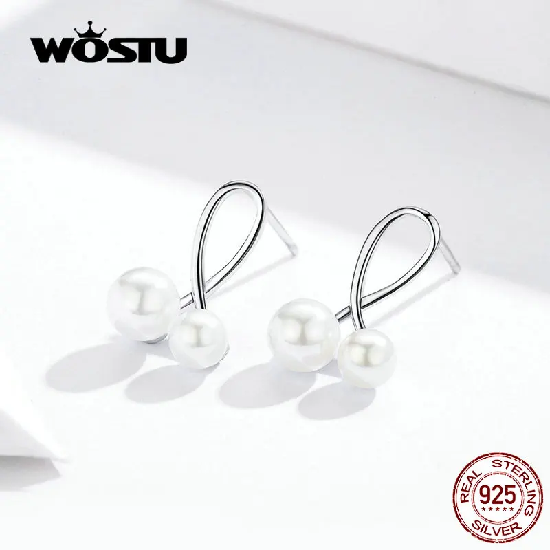 

WOSTU 2019 Classic White Pearl Earrings 100% 925 Sterling Silver Luxury Earrings For Women Wedding Korean Style Jewelry FIE628