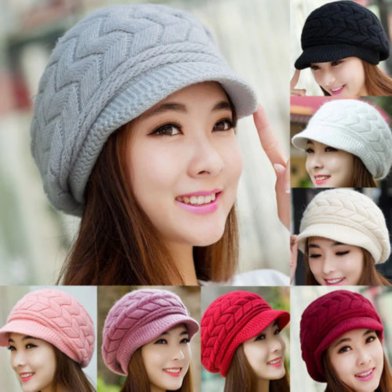 Модные милые повседневные женские кепки с козырьками в стиле принцессы, вязаная однотонная теплая шапка с мехом, 8 цветов, одежда на осень и зиму