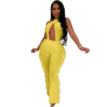 

Women Mesh Sheer Sexy Jumpsuit Summer Beach Overalls One Piece Outfits 2019 Sexy Holllow Out Backless Ruffles Halter Club Romper