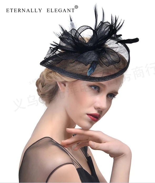 Новинка, головной убор из пряжи с перьями, модная шляпа, элегантные женские вечерние винтажные головные уборы для свадебной вечеринки EE2401 - Цвет: Черный