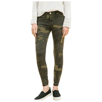 

Women Jeans Mid Waist Skinny Tight Elastic Camouflage Jeans Women Pencil Stretch Army Green Pencil Pants Zipper Jeans