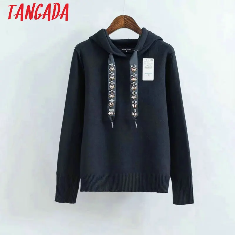 Tangada Womens Hoodie Sweatshirts Hooded Long Sleeve Beading Black Pullovers Women Female Casual Sw