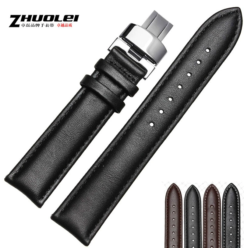 High Quality 18mm 19mm 20mm 22mm Genuine Leather Watch Strap Silver Steel Watch Buckle Black Genuine