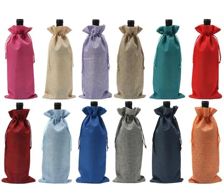 Jute Wine Bags Champagne Wine Bottle Covers Gift Pouch burlap Packaging bag Wedding Party Decoration Wine Bags Drawstring cover Jewelry Packaging