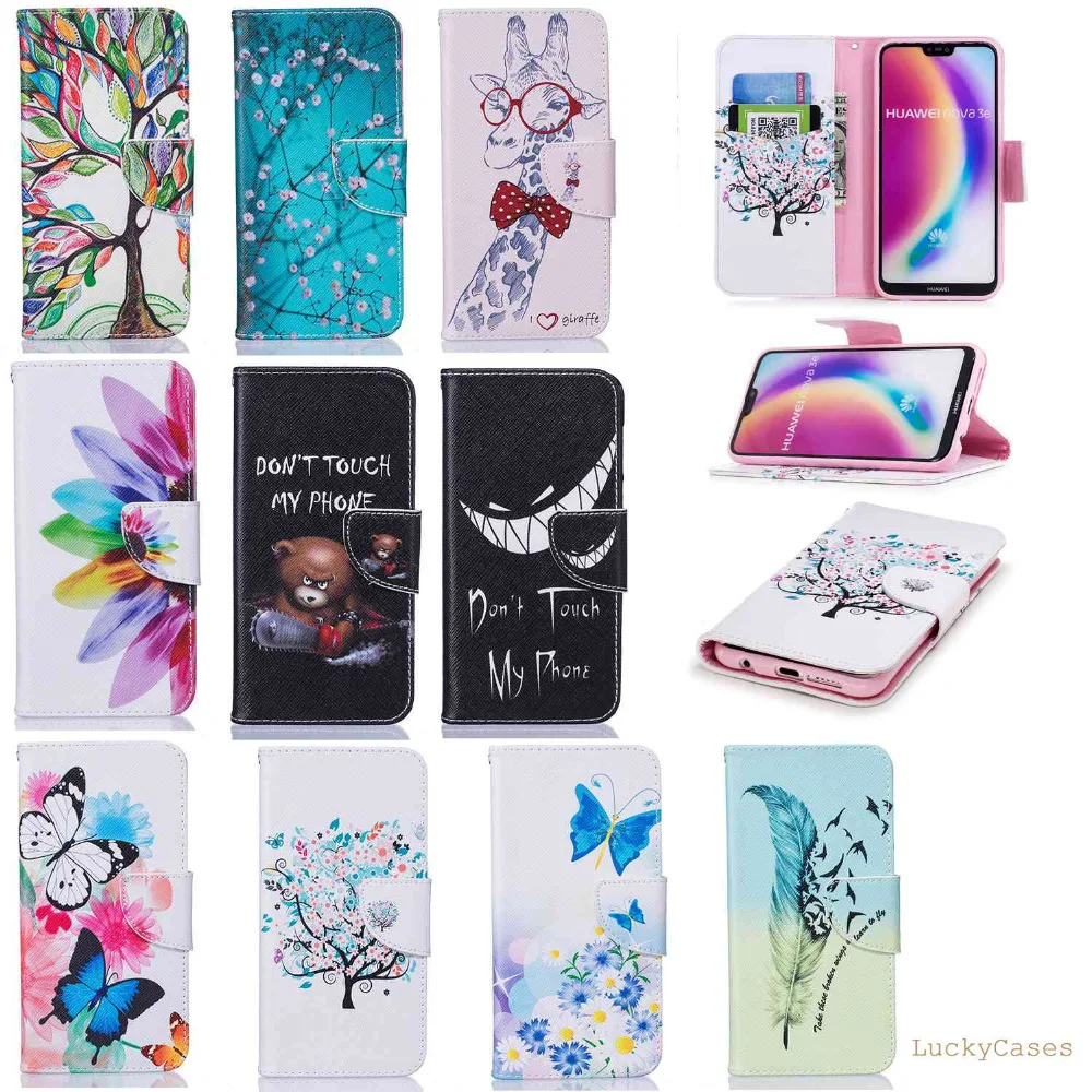 

PU Painted Leather Flip Wallet Cover For Huawei P20 LITE phone Case with Card Slot Bear Flower Tree Feather Pattern Coque