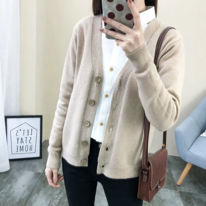 light brown Вязаный кардиган женский весна корейский v-образный вырез ретро свитер куртка элегантный сплошной цвет длинный рукав женские трикотажные изделия Lj338 - Цвет: light brown