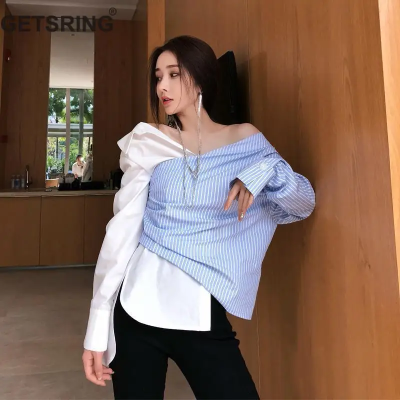 

GETSRING Women Blouses Retro Stripe Stitching Women Shirts V Neck Long Sleeve Women Tops Women Asymmetrical Top Spring Summer