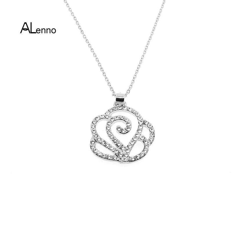 ALenno Trendy Style Copper Rhinestone Flower Pendant Necklaces For