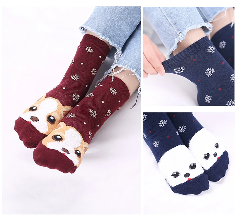 Winter Women Socks Warm Christmas Dog Pattern Cotton Socks Snowflake Comfortable Birthday Gifts Funny Cartoon Shape New Arrivals (13)