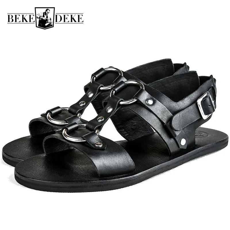 

Natural Leather Vintage Gladiator Sandals Men 2019 Summer Open Toe Outdoor Breathable Sandals Casual Buckle Mans Beach Footwear