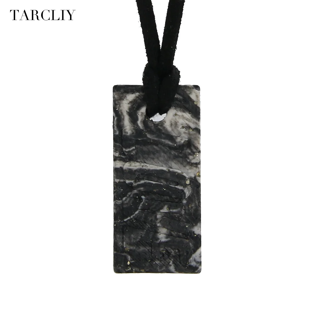 TARCLIY Marble Texture Pattern Square Pendant Necklace Rectangle Decorations Clay Black Leather Handmade Retro Jewelry | Украшения и