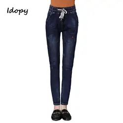 Idopy Fashiom Для женщин синие джинсы Высокая талия стрейч женские джинсы скинни Винтаж промывают Ripepd Карандаш Джинсовые штаны для дам