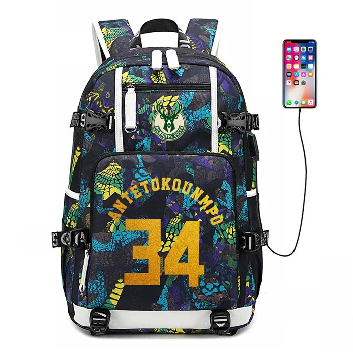 Баскетболист Giannis Antetokounmpo рюкзак 34 школьные сумки usb зарядка для ноутбука водонепроницаемые дорожные холщовые сумки большой емкости - Color: Green4