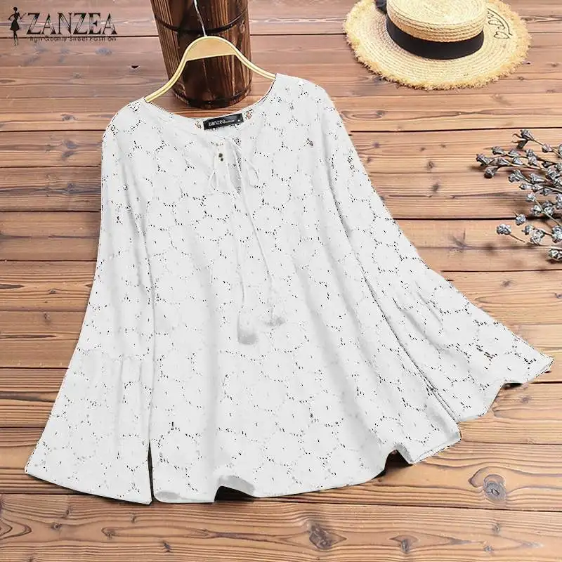 

2019 ZANZEA Women Sexy Lace Blouse Casual V Neck Long Sleeve Shirts Elegant Ladies Hollow Blusas Work Office Tunic Top Plus Size