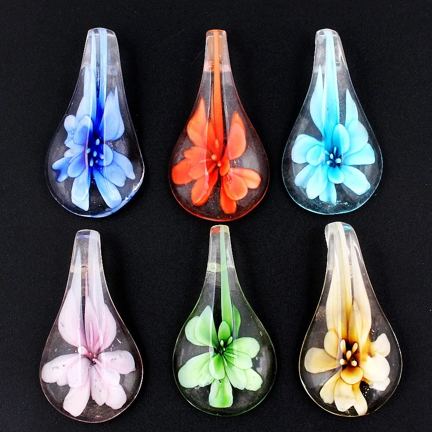 

Wholesale 6pcs handmade Murano Lampwork Glass Mix Color Flower Drop Pendant Fit Necklace