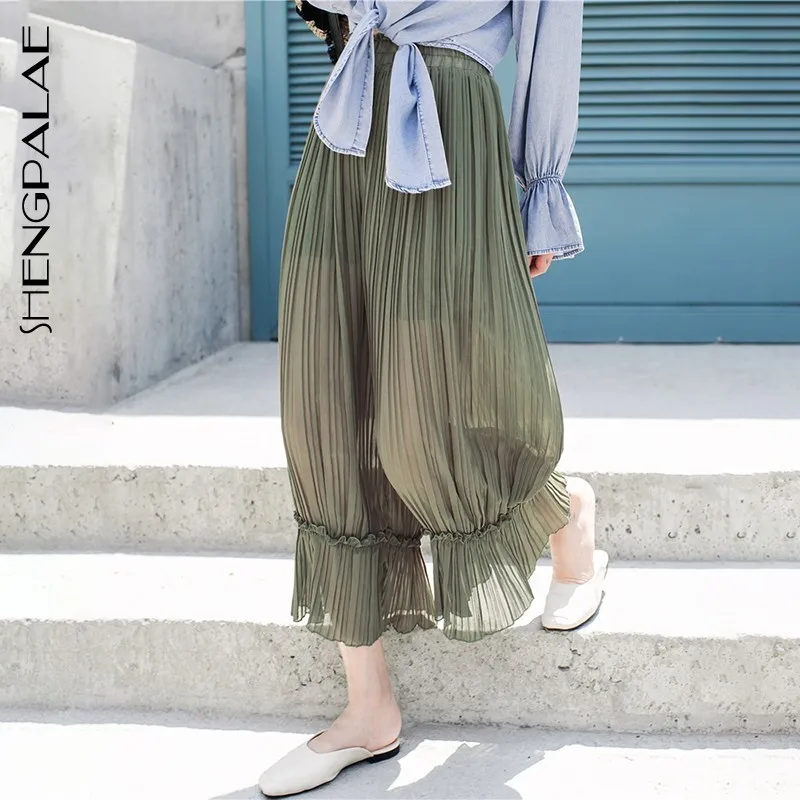 

SHENGPALAE Summer Spring Ankle-length High Street Pants Loose Korean Chic Style Elastic Waist Solid High Pleated Fashion FQ390