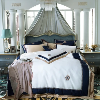 

Luxury Egypt Cotton Blue classics Bedding Set Embroidery Silky Duvet Cover Sets Bed Sheet Pillowcases Queen King Size 4Pcs