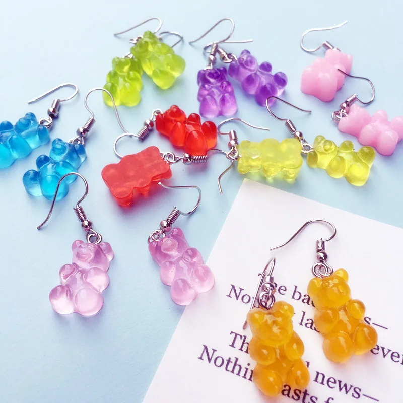 

Cute Handmade Resin Colorful Cartoon Animal Bear Earring Unique Candy Color Drop Earring For Women Girl Funny Party Jewelry Gift