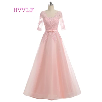

Pink Evening Dresses A-line Scoop Half Sleeves Tulle Appliques Lace Long Evening Gown Prom Dress Prom Gown