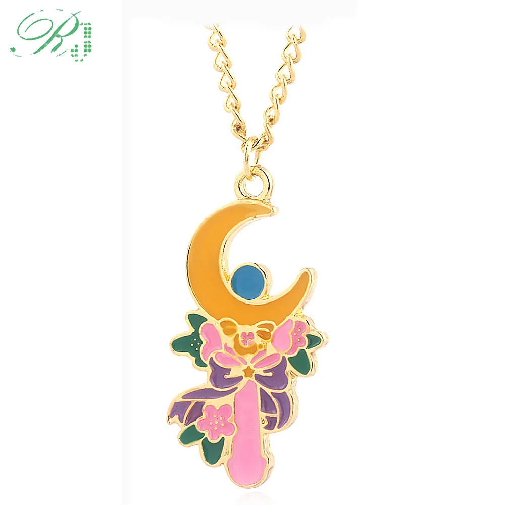 

RJ New Cartoon Sailor Moon Necklaces Tsukino Usagi Moon Stick Flowers Bird Bunny Rabbit Metal Pendants Broche Lady Girls Jewelry