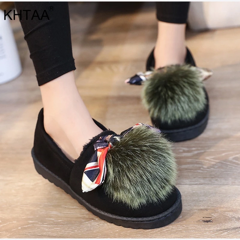 

Flat Platform Shallow Women Ankle Snow Boots Fur Ball Bowtie Casual Warm Ladies Winter Boots 2018 Fashion Cotton Shoes Pregnant