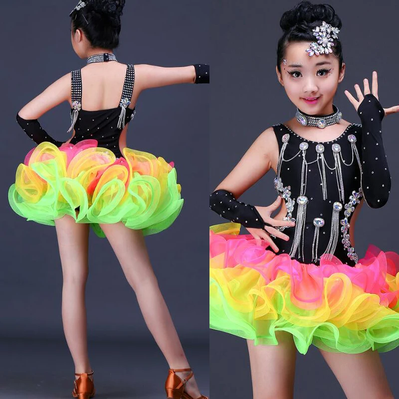 Kids Tassel Ballroom Stage Wear dancing dress Children Sequined Jazz