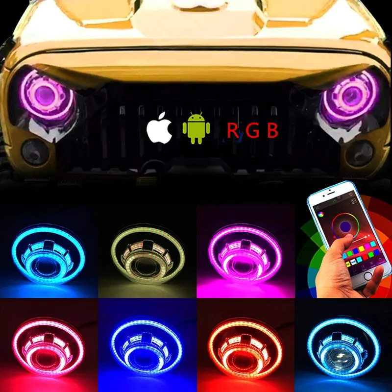 

7inch- LED Headlights Light RGB Halo Angel Eye Lamp App For Jeep Wrangler