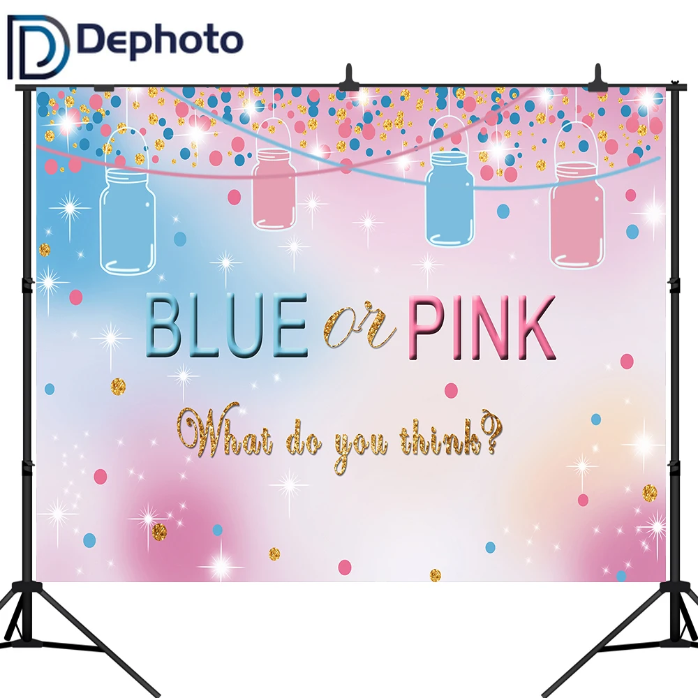 

DePhoto Blue or Pink Gender Reveal backdrop Baby Shower Party Mason Jars Candy Dessert Table Decorations Photo Background