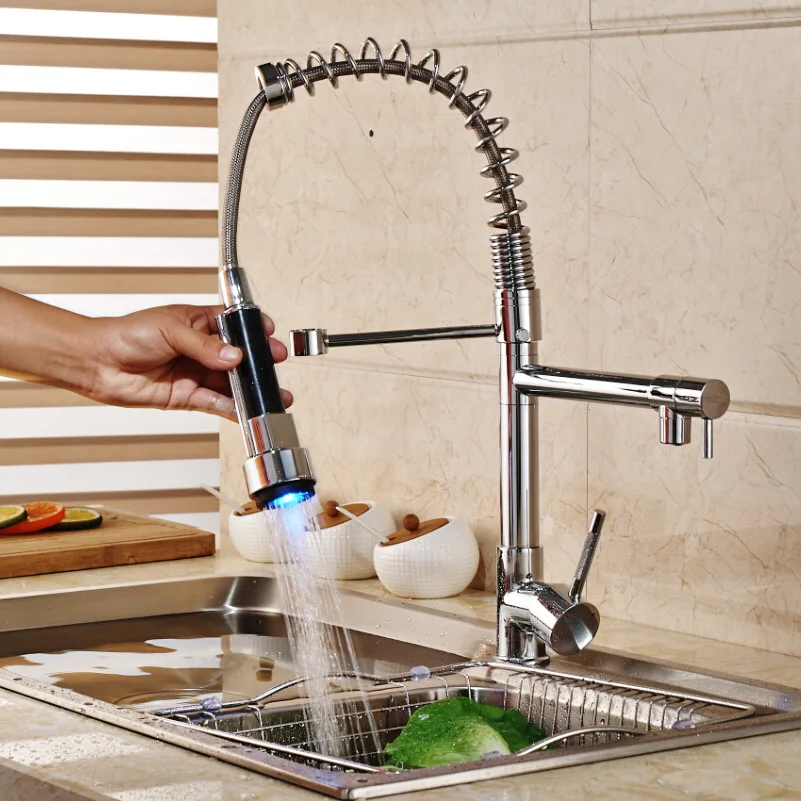 

Deck Mount Dual Rotation Spout Kitchen Mixer Faucet Single Handle LED Light Water Taps Spring Pull Down
