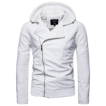 

New Autumn Motorcycle Leather Jacket Men Hooded Zipper White Leather Jacket Casual Loose PU Male Outerwear Europe/US Size