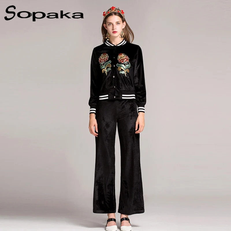 2017 Autumn Sequins embroidery Floral Full Sleeve Black Green Red font b Jacket b font Pants
