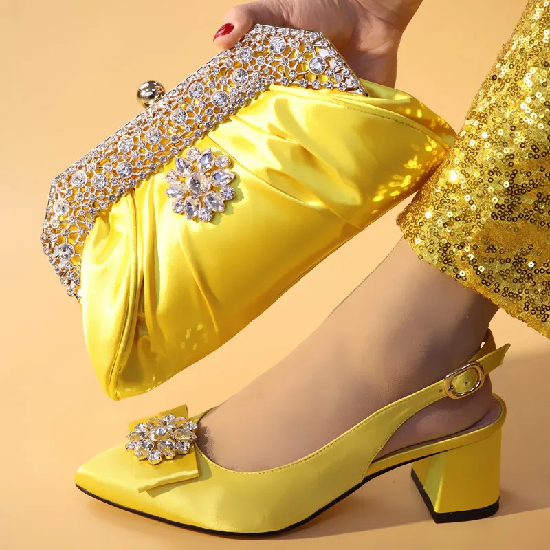 

Yellow Color African PU Leather Shoes And Bag Matching Set With Stones Shoes Women Italian High Heels Sandals For Party Wedding