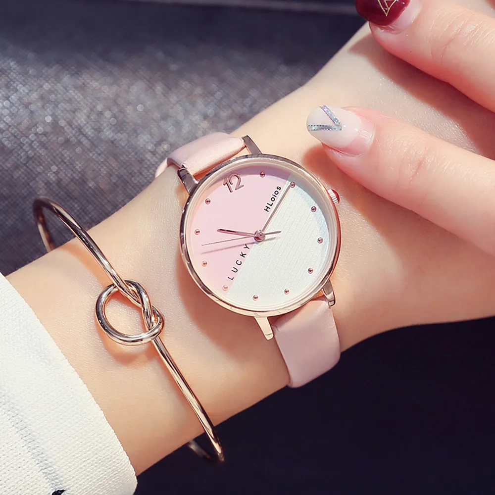 Fashion Ladies Watch Pink Female Leather Strap Quartz Wrist Watch Rose Gold Women Watches ...