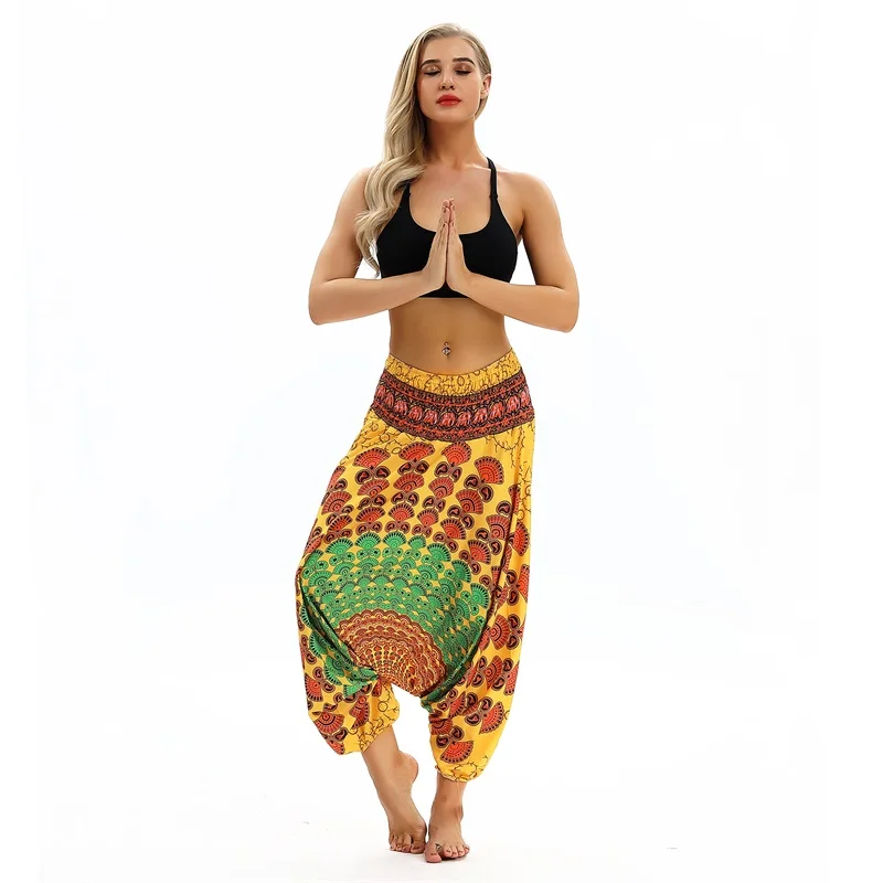 capri dress W-Yunna Ladies Women Beach Pants Trousers Boho Gypsy Hippie Women Wide Leg Harem Peacock Feather Print Elastic Pants Trousers plus size clothing