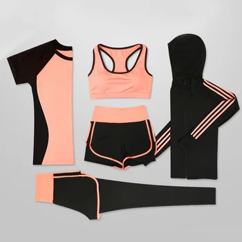 Sport Women Suit Sets 5 Pieces Women Sportwear Yoga Fitness Gym Set Yoga Sportwear Workout Fitness Yoga Wear Set berrypark colourful gradient mesh sport jumpsuit 2019 women criss cross printed yoga set running fitness suit gym workout wear